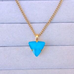 Aquamarine Turquoise Blue +Gold Crystal Triangle Boho Drop Pendant Necklace